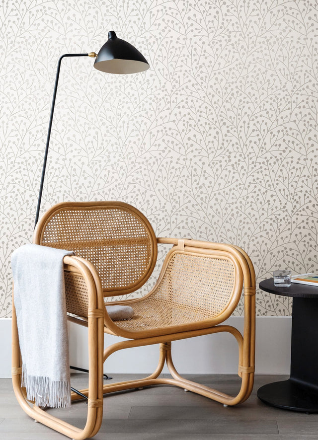 Cat Coquillette Berry Branches Taupe Peel & Stick Wallpaper with Metallic Nature Motif - York RMK12368PL