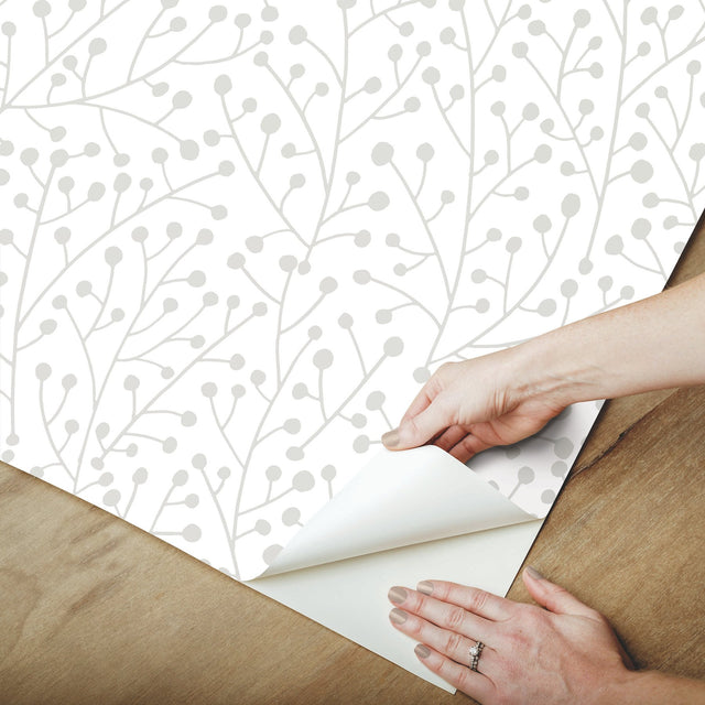 Cat Coquillette Berry Branches Grey Peel & Stick Wallpaper with Botanical Berry Vines Pattern - York RMK12369PL