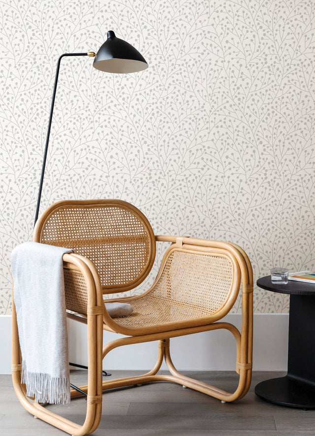 Cat Coquillette Berry Branches Grey Peel & Stick Wallpaper with Botanical Berry Vines Pattern - York RMK12369PL