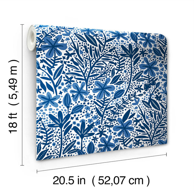 Cat Coquillette Porcelain Garden Blue Peel & Stick Wallpaper with Botanical Floral Motif - York RMK12382PLW