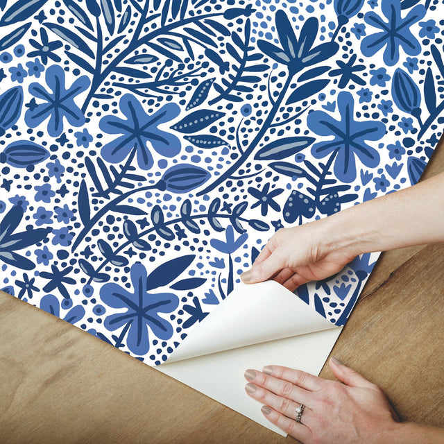Cat Coquillette Porcelain Garden Blue Peel & Stick Wallpaper with Botanical Floral Motif - York RMK12382PLW