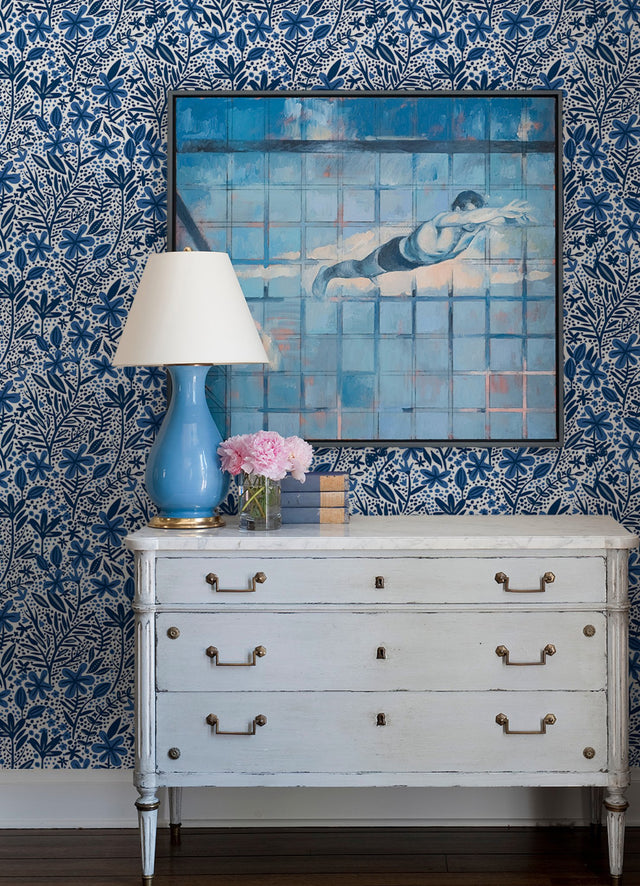 Cat Coquillette Porcelain Garden Blue Peel & Stick Wallpaper with Botanical Floral Motif - York RMK12382PLW