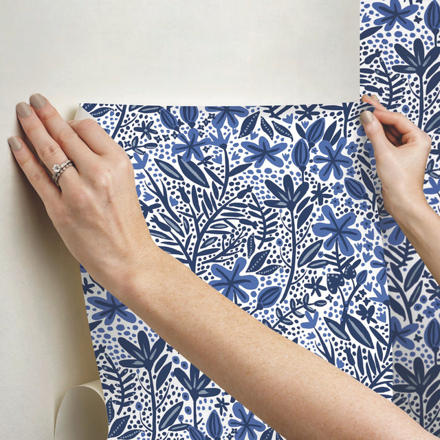 Cat Coquillette Porcelain Garden Blue Peel & Stick Wallpaper with Botanical Floral Motif - York RMK12382PLW