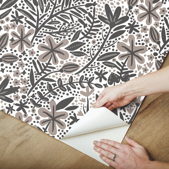 Cat Coquillette Porcelain Garden Grey Peel & Stick Wallpaper with Botanical Floral Motif - York RMK12383PLW