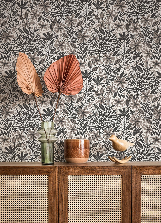 Cat Coquillette Porcelain Garden Grey Peel & Stick Wallpaper with Botanical Floral Motif - York RMK12383PLW