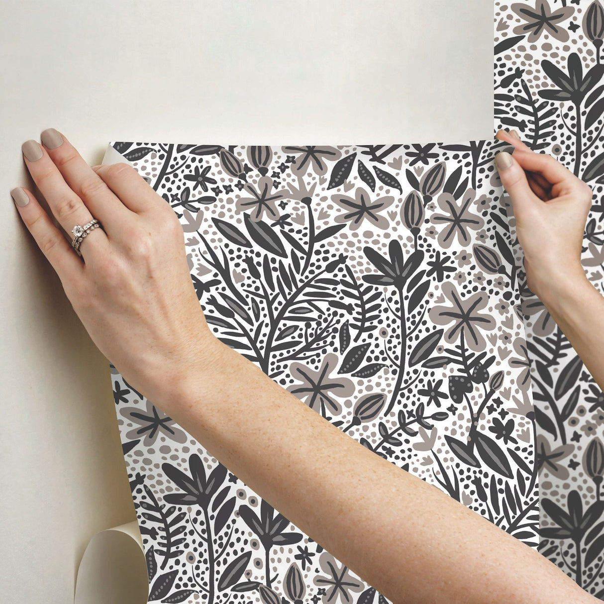 Cat Coquillette Porcelain Garden Grey Peel & Stick Wallpaper with Botanical Floral Motif - York RMK12383PLW