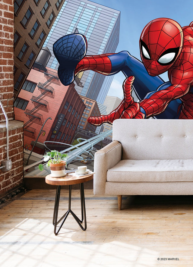 Marvel Spider-Man Blue Peel & Stick Wall Mural with Cityscape Comic Motif - York RMK12390M