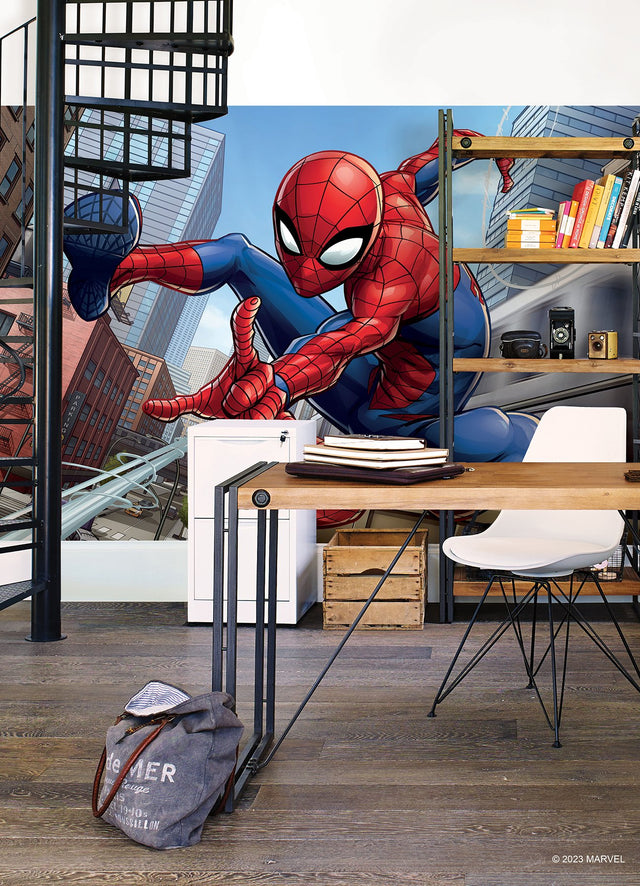 Marvel Spider-Man Blue Peel & Stick Wall Mural with Cityscape Comic Motif - York RMK12390M