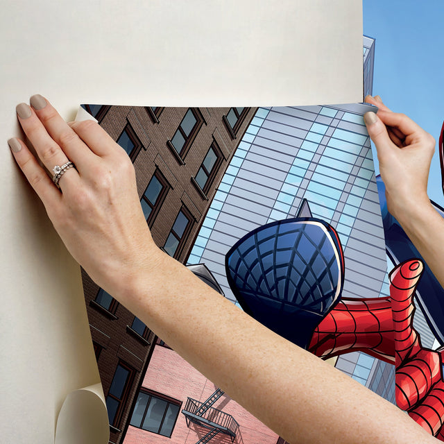 Marvel Spider-Man Blue Peel & Stick Wall Mural with Cityscape Comic Motif - York RMK12390M