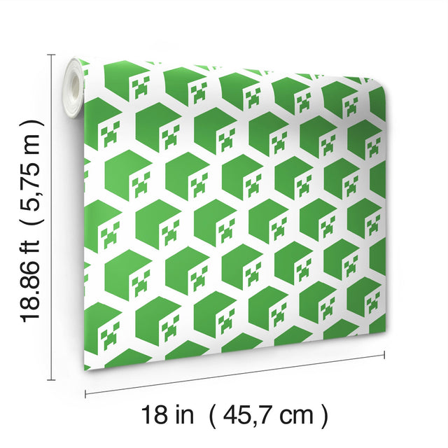 Minecraft Creeper Face Green Peel & Stick Wallpaper with Geometric Creeper Motif - York RMK12395RL