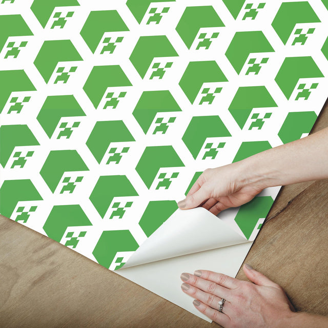 Minecraft Creeper Face Green Peel & Stick Wallpaper with Geometric Creeper Motif - York RMK12395RL