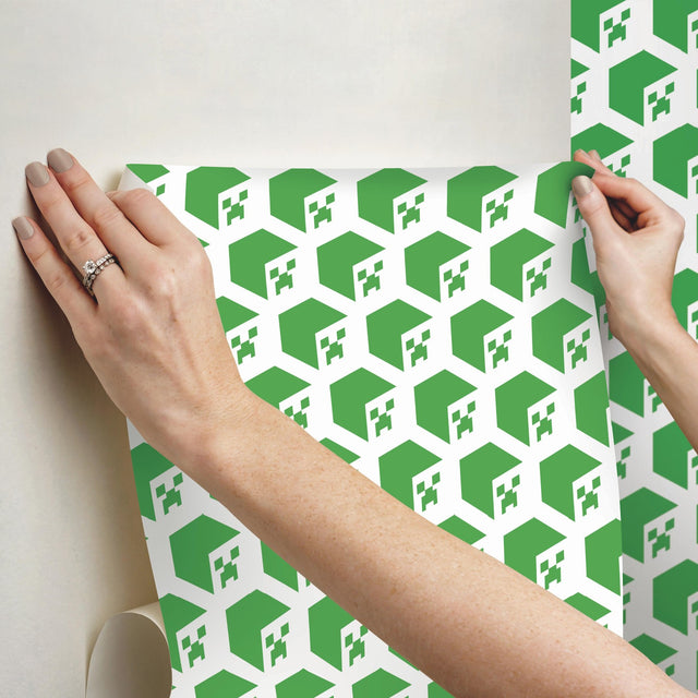 Minecraft Creeper Face Green Peel & Stick Wallpaper with Geometric Creeper Motif - York RMK12395RL
