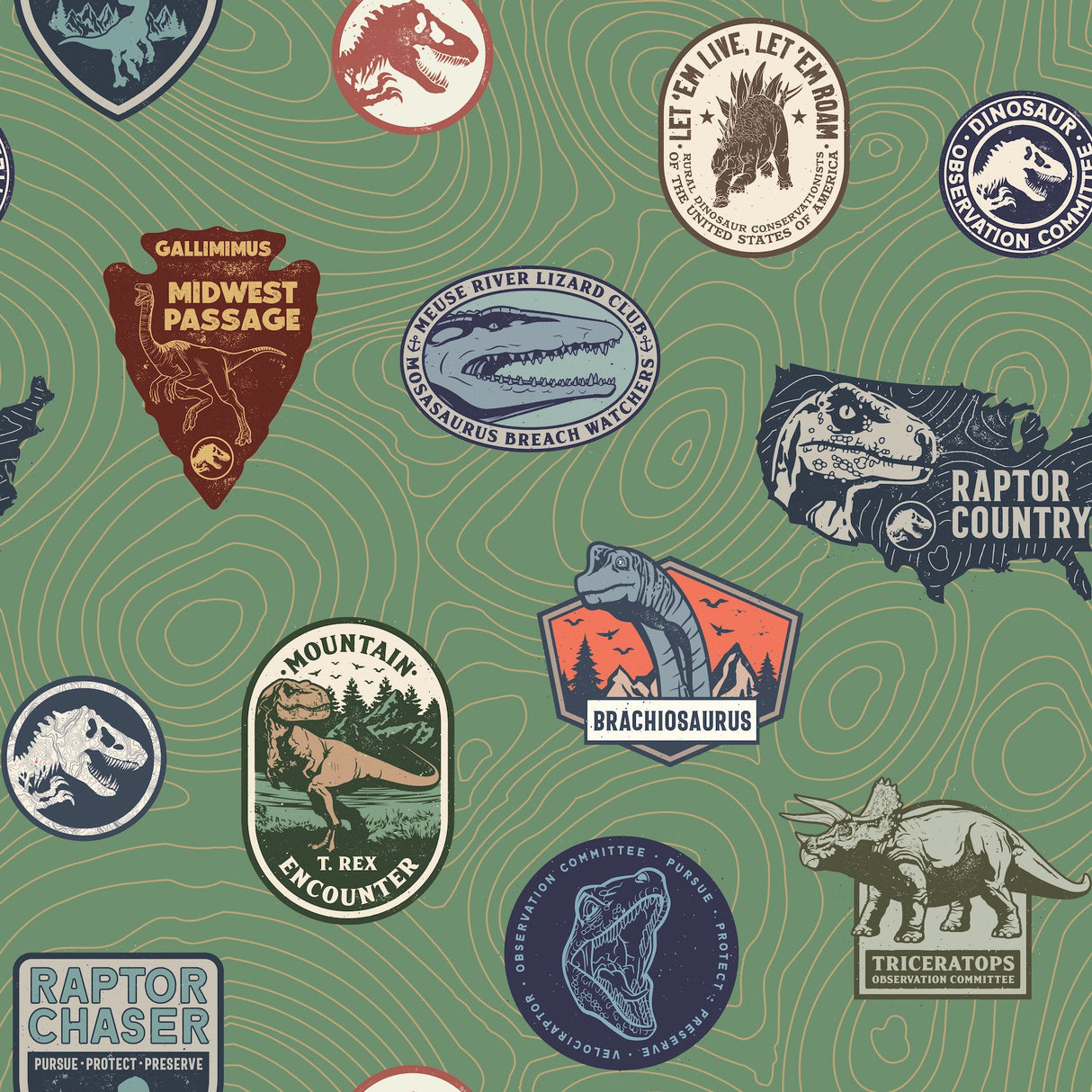 Jurassic World Badges Green Peel & Stick Wallpaper with Retro Dinosaur Patch Motif - York RMK12396RL