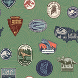 Jurassic World Badges Green Peel & Stick Wallpaper with Retro Dinosaur Patch Motif - York RMK12396RL