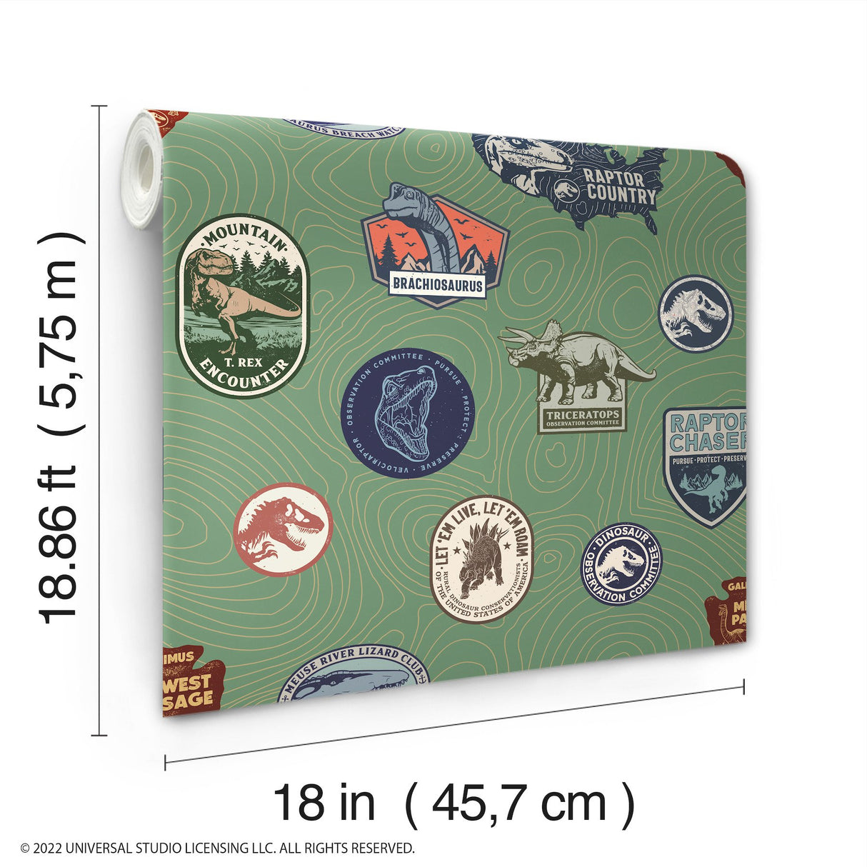 Jurassic World Badges Green Peel & Stick Wallpaper with Retro Dinosaur Patch Motif - York RMK12396RL