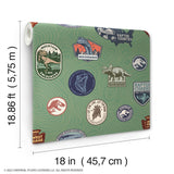 Jurassic World Badges Green Peel & Stick Wallpaper with Retro Dinosaur Patch Motif - York RMK12396RL