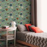 Jurassic World Badges Green Peel & Stick Wallpaper with Retro Dinosaur Patch Motif - York RMK12396RL