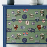 Jurassic World Badges Green Peel & Stick Wallpaper with Retro Dinosaur Patch Motif - York RMK12396RL