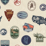 Jurassic World Badges Multicolor Peel & Stick Vinyl Wallpaper with Retro Dinosaur Patch Motif - York RMK12397RL