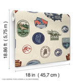 Jurassic World Badges Multicolor Peel & Stick Vinyl Wallpaper with Retro Dinosaur Patch Motif - York RMK12397RL