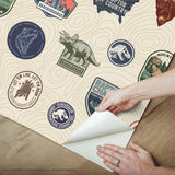 Jurassic World Badges Multicolor Peel & Stick Vinyl Wallpaper with Retro Dinosaur Patch Motif - York RMK12397RL