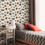 Jurassic World Badges Multicolor Peel & Stick Vinyl Wallpaper with Retro Dinosaur Patch Motif - York RMK12397RL
