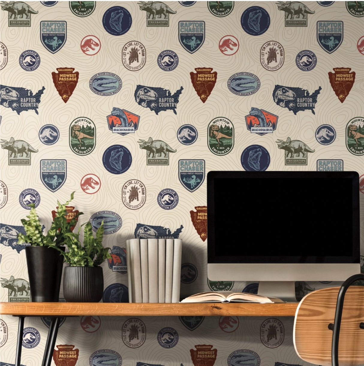 Jurassic World Badges Multicolor Peel & Stick Vinyl Wallpaper with Retro Dinosaur Patch Motif - York RMK12397RL