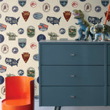 Jurassic World Badges Multicolor Peel & Stick Vinyl Wallpaper with Retro Dinosaur Patch Motif - York RMK12397RL