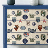 Jurassic World Badges Multicolor Peel & Stick Vinyl Wallpaper with Retro Dinosaur Patch Motif - York RMK12397RL