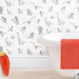 Jurassic World Dinosaurs Black Peel & Stick Wallpaper with Novelty Line-Art Dinosaur Pattern, Whimsical Licensed Style - York RMK12398RL