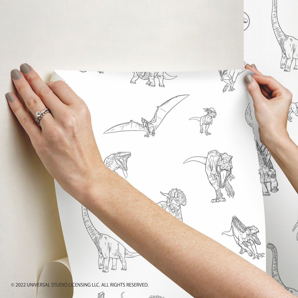 Jurassic World Dinosaurs Black Peel & Stick Wallpaper with Novelty Line-Art Dinosaur Pattern, Whimsical Licensed Style - York RMK12398RL