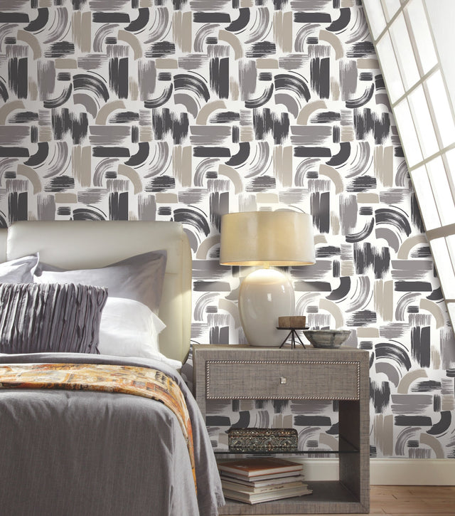 Modern Brushstrokes Grey Peel & Stick Wallpaper with Abstract Brushstroke Pattern - York RMK12414RL
