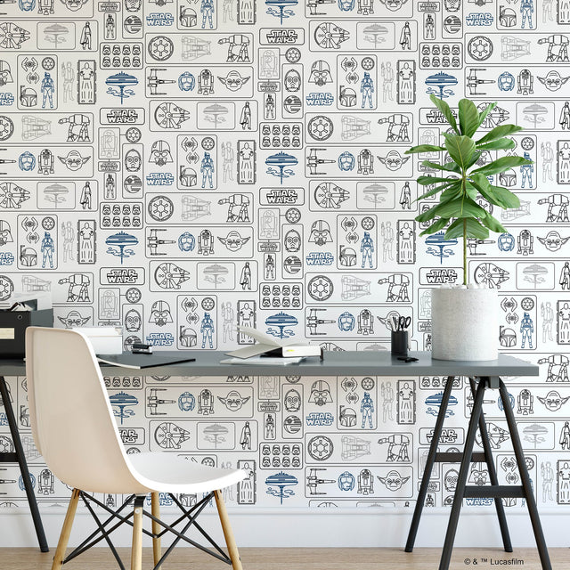 Star Wars Pictogram Grey Peel & Stick Vinyl Wallpaper with Novelty Kids Style - York RMK12427RL