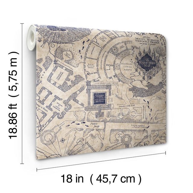 Harry Potter Marauder's Map Blue Peel & Stick Wallpaper with Novelty Kids Pattern - York RMK12436RL
