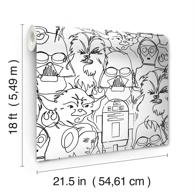 Star Wars Saga Line Sketches Black Peel & Stick Wallpaper with Licensed Star Wars Classic Line-Drawing Pattern - York RMK12451PL