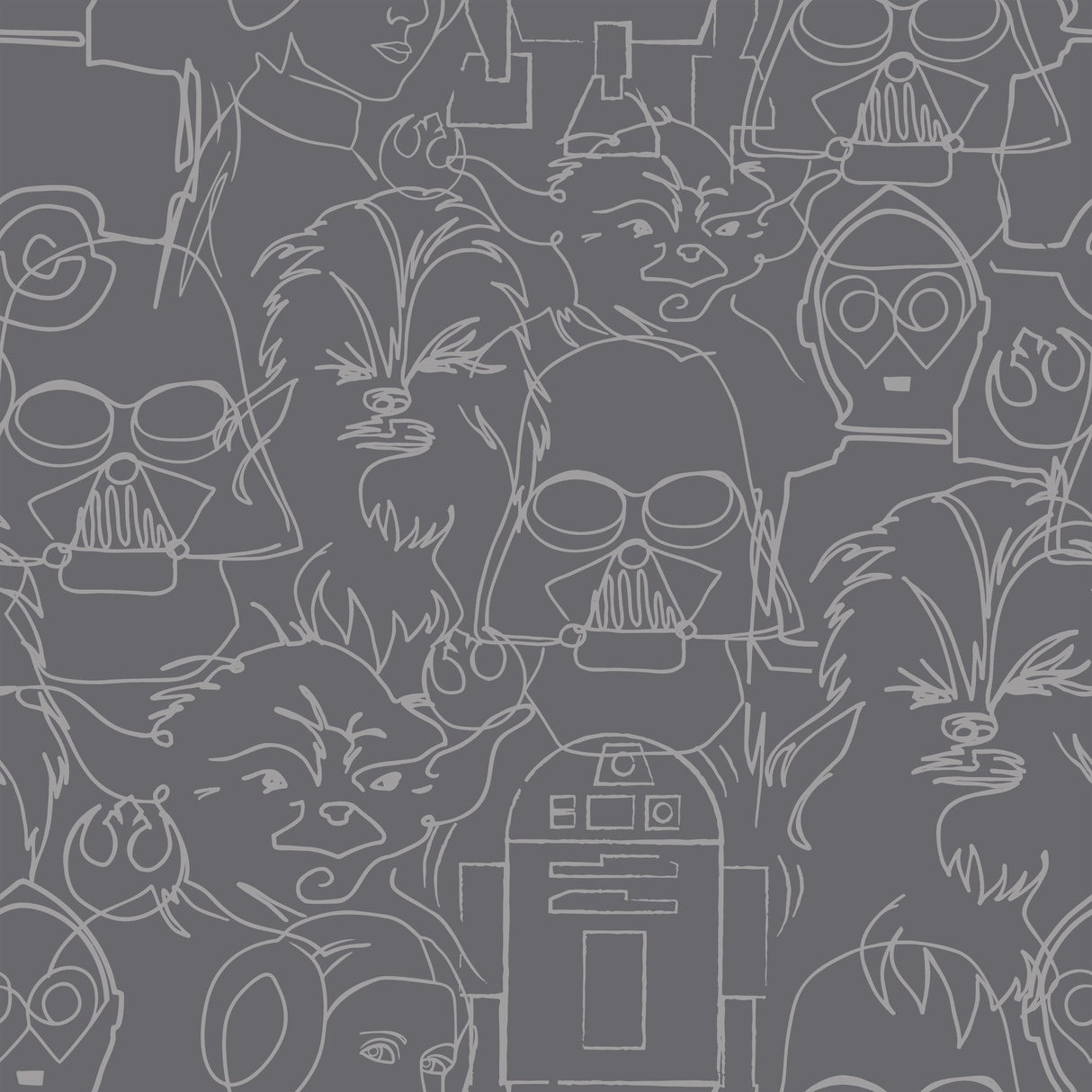 Star Wars Saga Line Sketches Grey Peel & Stick Wallpaper with Licensed Novelty Line-Art Pattern - York RMK12453PL