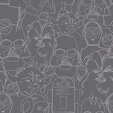 Star Wars Saga Line Sketches Grey Peel & Stick Wallpaper with Licensed Novelty Line-Art Pattern - York RMK12453PL