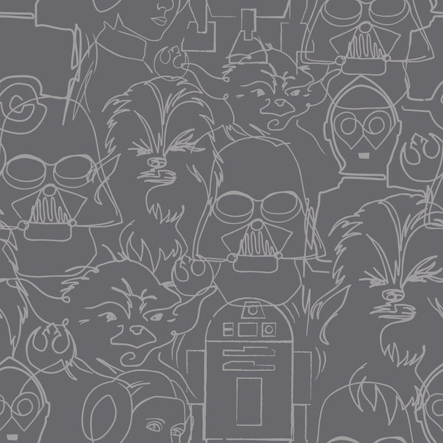 Star Wars Saga Line Sketches Grey Peel & Stick Wallpaper with Licensed Novelty Line-Art Pattern - York RMK12453PL