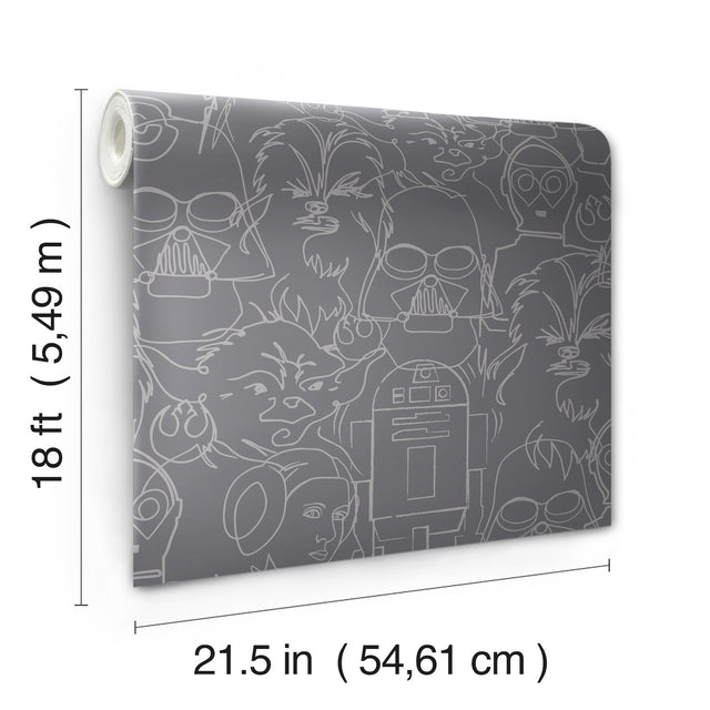 Star Wars Saga Line Sketches Grey Peel & Stick Wallpaper with Licensed Novelty Line-Art Pattern - York RMK12453PL