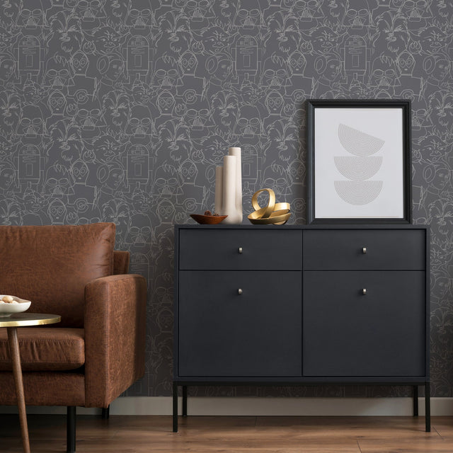 Star Wars Saga Line Sketches Grey Peel & Stick Wallpaper with Licensed Novelty Line-Art Pattern - York RMK12453PL