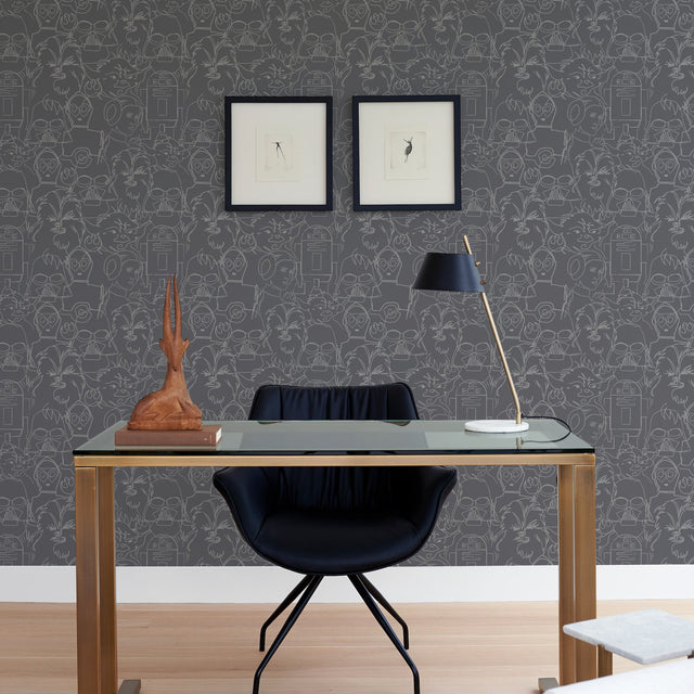 Star Wars Saga Line Sketches Grey Peel & Stick Wallpaper with Licensed Novelty Line-Art Pattern - York RMK12453PL