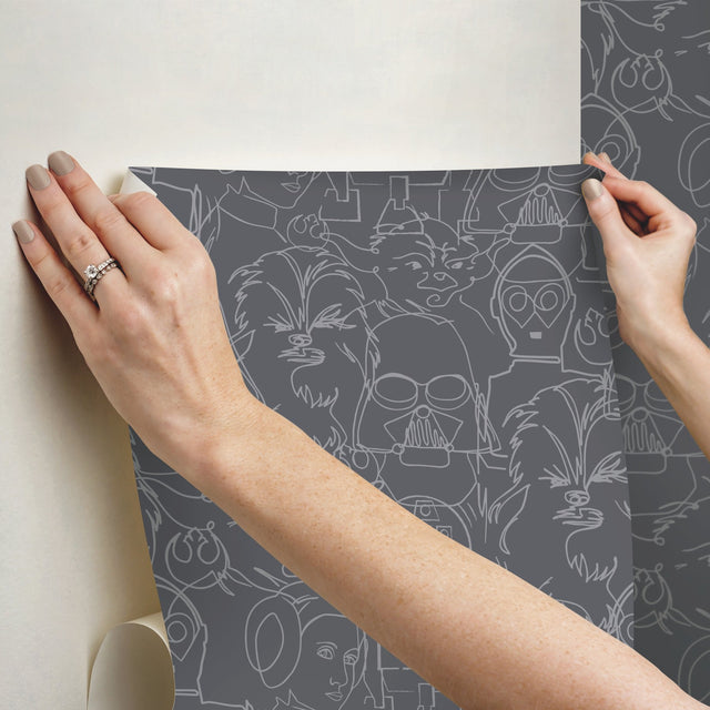 Star Wars Saga Line Sketches Grey Peel & Stick Wallpaper with Licensed Novelty Line-Art Pattern - York RMK12453PL