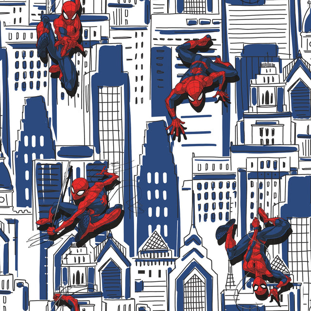 Spider-Man Cityscape Blue Peel & Stick Wallpaper with Marvel Licensed City Pattern - York RMK12459RL