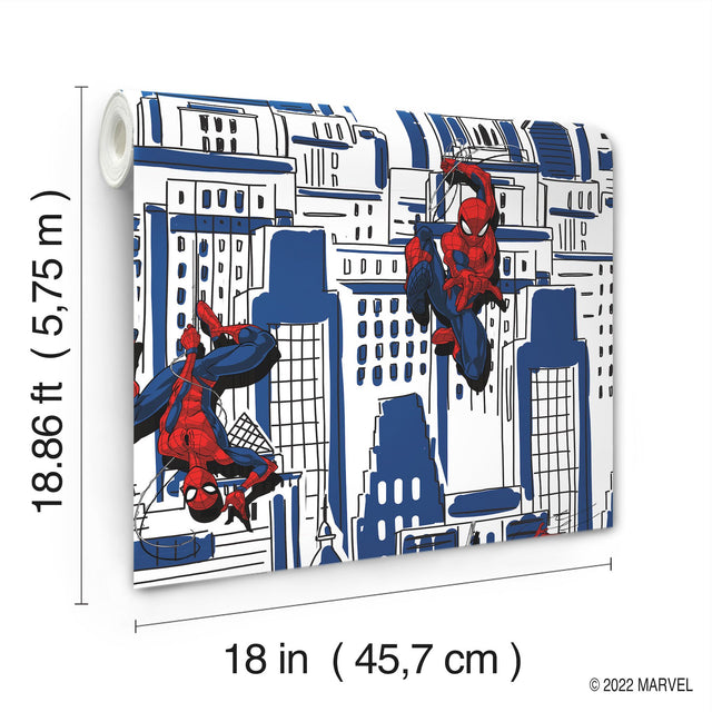 Spider-Man Cityscape Blue Peel & Stick Wallpaper with Marvel Licensed City Pattern - York RMK12459RL