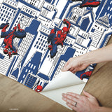 Spider-Man Cityscape Blue Peel & Stick Wallpaper with Marvel Licensed City Pattern - York RMK12459RL