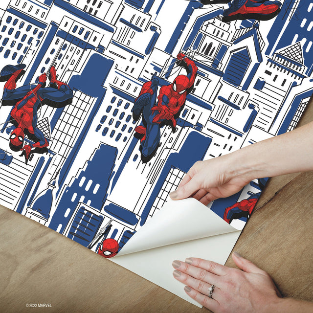 Spider-Man Cityscape Blue Peel & Stick Wallpaper with Marvel Licensed City Pattern - York RMK12459RL