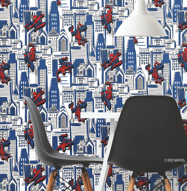 Spider-Man Cityscape Blue Peel & Stick Wallpaper with Marvel Licensed City Pattern - York RMK12459RL