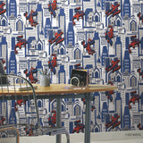 Spider-Man Cityscape Blue Peel & Stick Wallpaper with Marvel Licensed City Pattern - York RMK12459RL