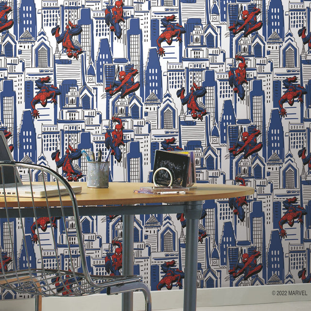 Spider-Man Cityscape Blue Peel & Stick Wallpaper with Marvel Licensed City Pattern - York RMK12459RL