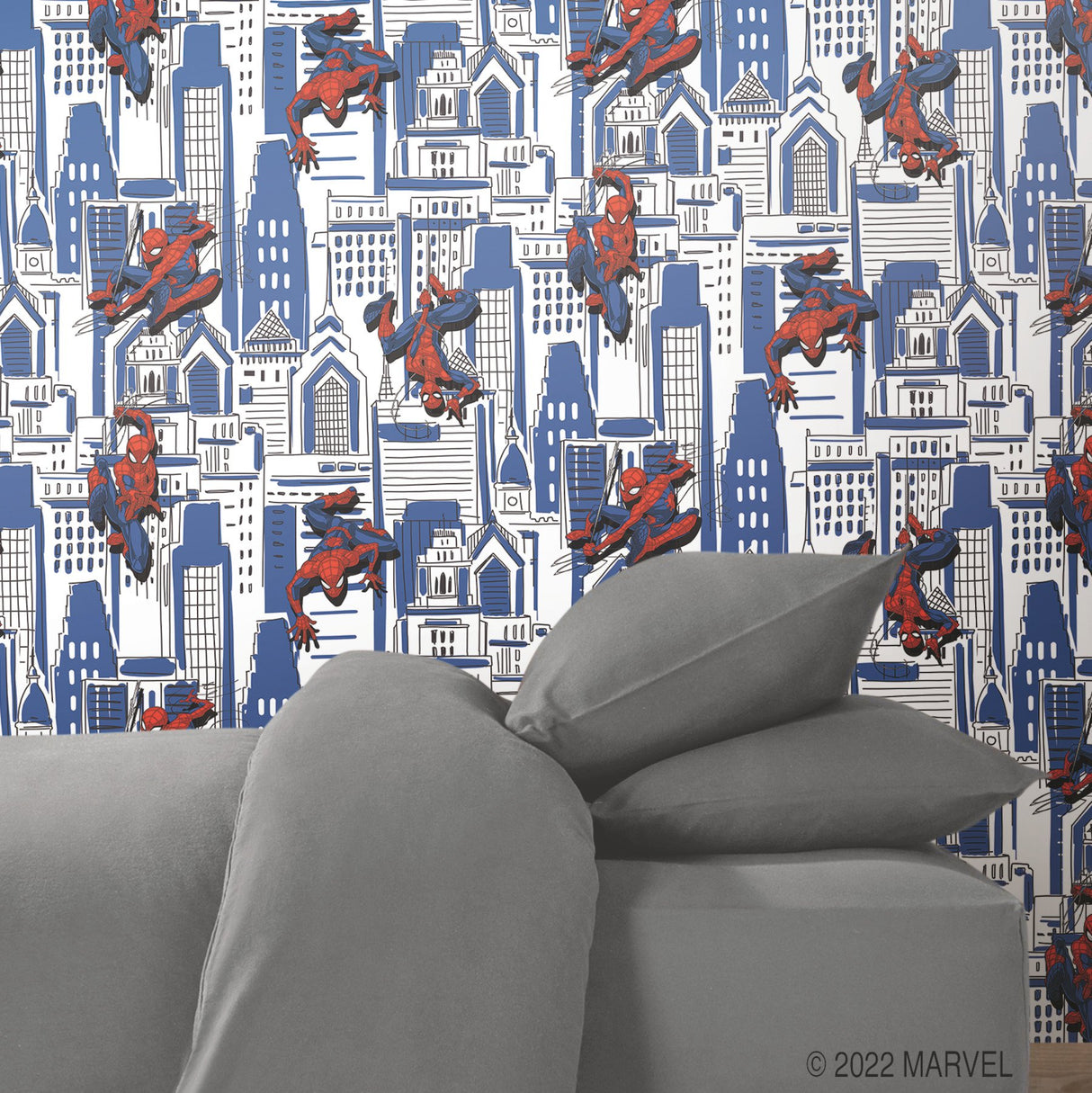 Spider-Man Cityscape Blue Peel & Stick Wallpaper with Marvel Licensed City Pattern - York RMK12459RL